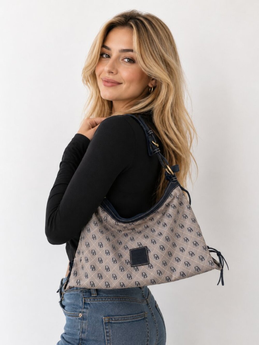 Dooney & Bourke Signature Canvas Hobo Shoulder Bag Tan Black Monogram